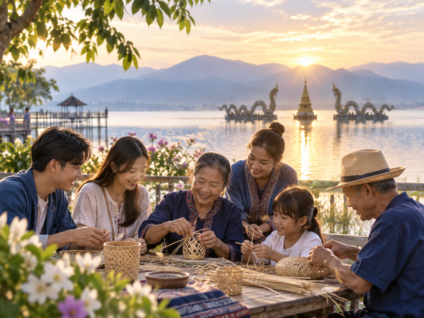 ภาพประกอบคนหลายวัยเรียนรู้งานจักสานร่วมกัน